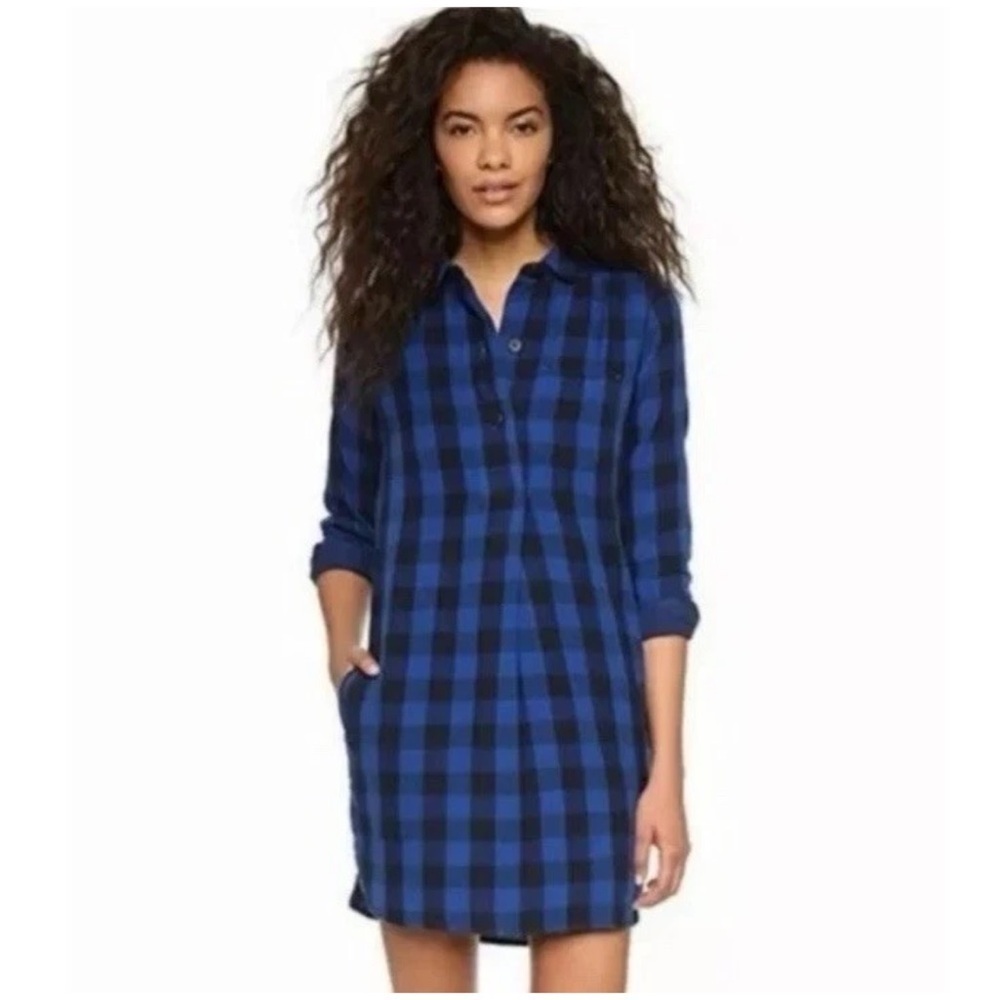 Madewell Blue and Black Plaid Long Sleeve Shirt Dress
